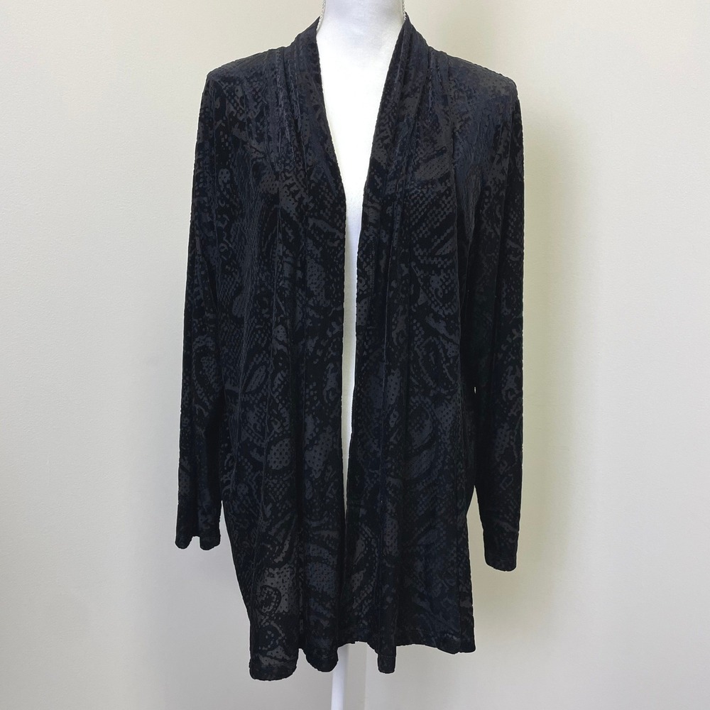Jones New York Woman Black Burnout Velvet Paisley Snake Print Cardigan Wrap